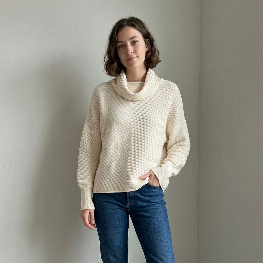 Nordstrom Signature 100% Cashmere Sweater Womens Medium Cream Funnel Neck Ribbed